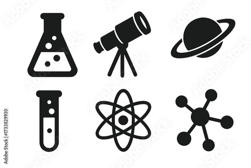 Science icon set with chemistry, astronomy, physics symbols. Vector collection of lab equipment like flask, test tube, molecule, atom, telescope and planet. Research concept design.