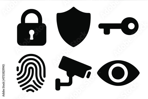 Vector security icon set. Black silhouette symbols of protection and safety. Lock, shield, key, fingerprint, camera, and eye. Cybersecurity and data privacy concept icons.