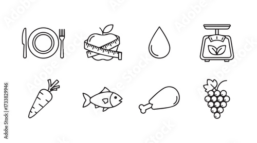Collection of whimsical hand drawn food icons representing healthy eating and nutrition vector