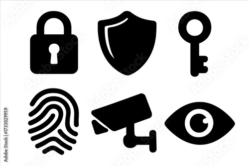 Set of security icons including lock, shield, key, fingerprint, camera, and eye. Vector silhouettes for concepts like safety, data protection, privacy, surveillance, and cyber security.