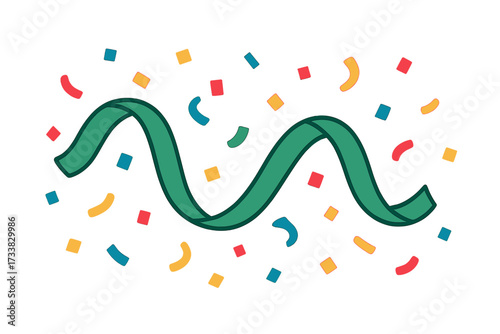 Festive serpentine and confetti background. Vector illustration for party, celebration, birthday, carnival, or holiday. Flat style design element. Colorful decoration isolated.