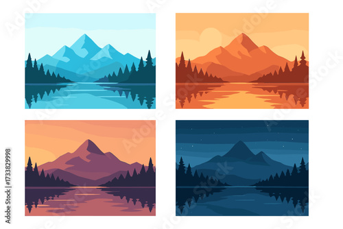 Mountain lake landscape vector illustration set. Four scenes showing nature at different times: morning, day, sunset, and night. Flat minimalist design with forest and reflection.