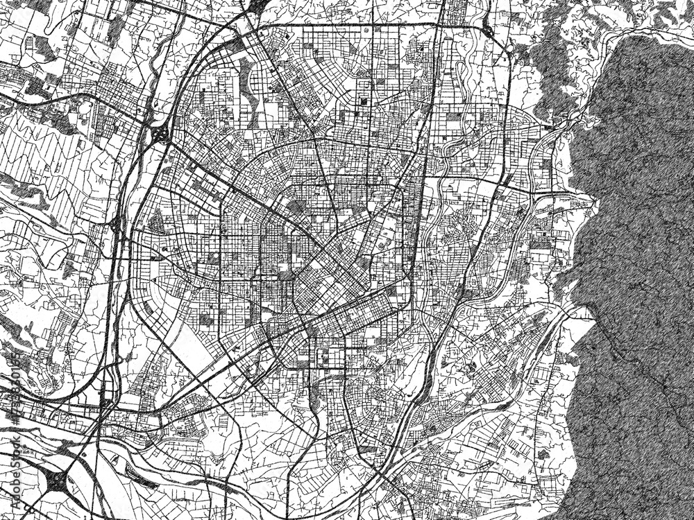 Fototapeta premium Minimalist monochrome city map of Taichung, Taiwan, illustrated with urban detail.