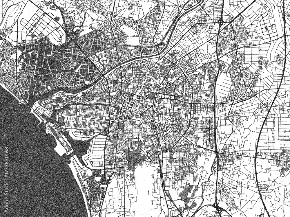 Naklejka premium Poster-ready black and white illustration map of Tainan, Taiwan, detailed and artistic.