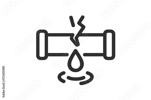 Broken pipe with water leak icon. Plumbing problem, burst pipeline, and leakage concept. Water damage symbol for emergency repair service, insurance graphics or app pictogram.