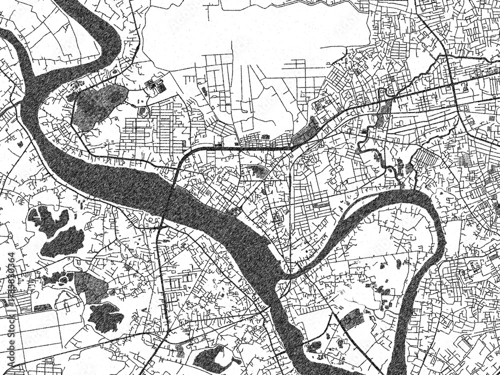 Naklejka premium Black and white illustrated map of Bien Hoa, Viet Nam, with streets, rivers, and neighborhoods.