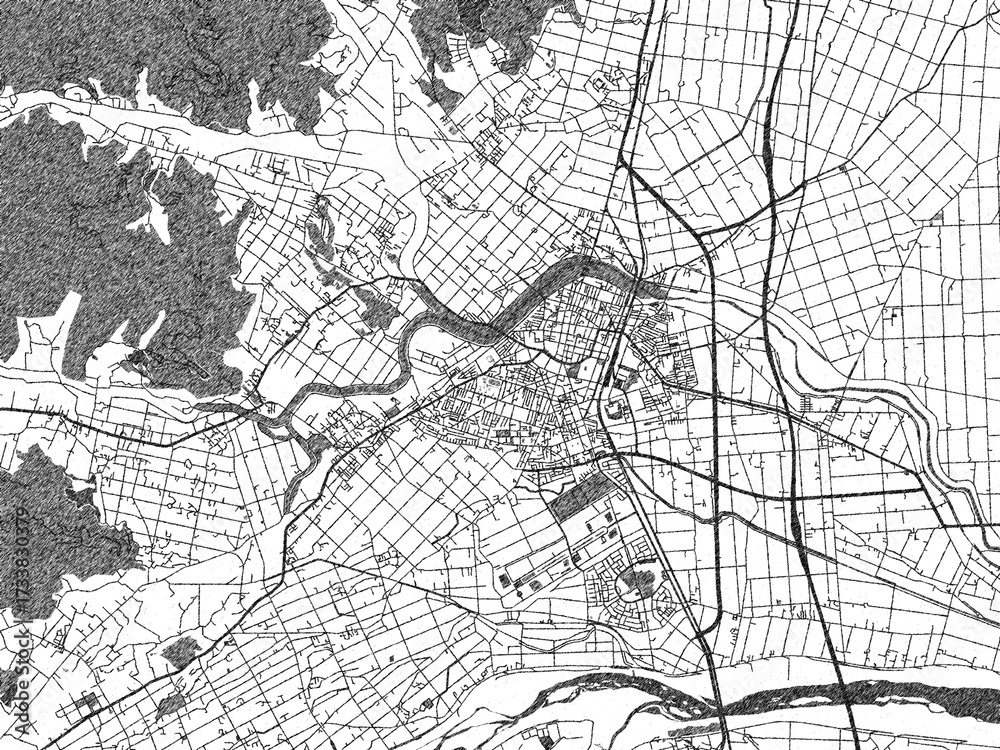 Fototapeta premium Stylized decorative city map of Yilan, Taiwan, hand-drawn in black and white.