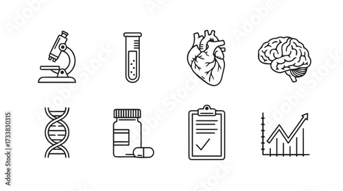 Set of medical science icons microscope test tube heart brain dna pills clipboard and chart vector