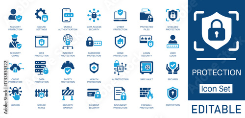 Protection and Security solid icon set. Featuring Cyber Protection, Data Protection, Mobile Authentication, and Cloud Protection. Flat vector design for cybersecurity strategy and online privacy.