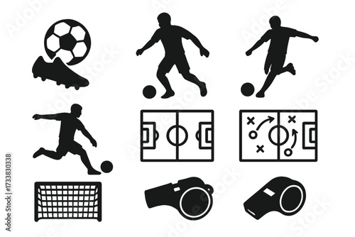 Soccer football icon set with player silhouette kicking ball. Vector graphic collection of sport equipment, boot, field, goal, tactics board and referee whistle for game or match.