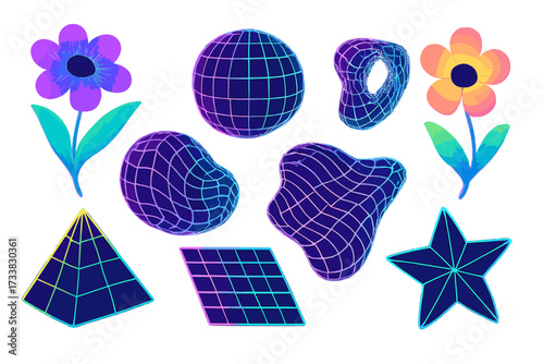 Set of space flowers and 3D geometric wireframe shapes. Cyberpunk distorted elements in trendy psychedelic rave style. Neon color grids, Y2K 2000s vaporwave print concept.