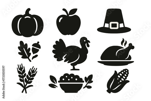 Thanksgiving icons set. Festive silhouette symbols for autumn harvest celebration. Vector elements like turkey, pumpkin, pilgrim hat, corn, apple. Holiday food and tradition.