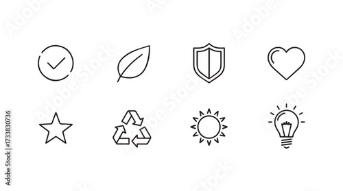 Set of hand drawn eco icons check leaf shield heart star recycle sun lightbulb sketch style vector