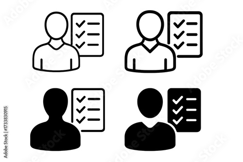 Person with checklist icon set. User skills, employee duties, candidate qualifications. Concept for task management, to-do list, project completion, and survey. Vector illustration.