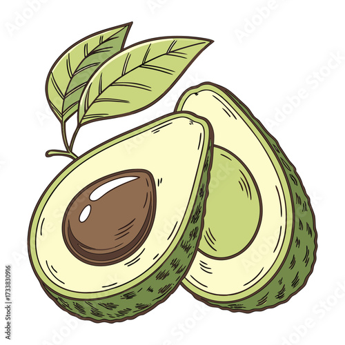 A photorealistic image of a fresh avocado sliced in half, with one half showing the large brown seed and the other half empty. The avocado has a vibrant green outer skin and smooth, creamy yellow-gree