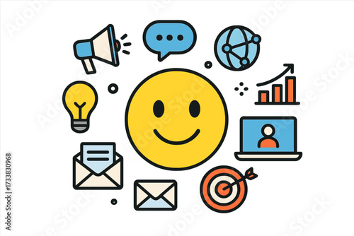 Digital marketing and advertising concept illustration. Happy emoticon with flat icons for online business communication, social media strategy, customer targeting, and brand growth.