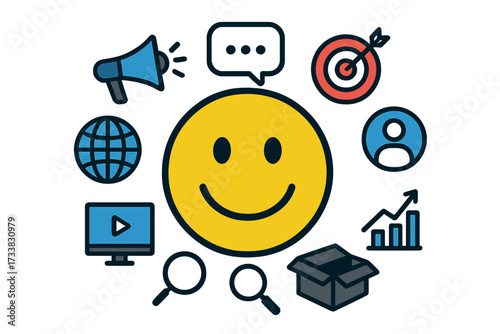 Digital marketing concept with happy emoticon. Customer satisfaction and brand growth. Social media advertising, SEO, content strategy, and online business communication icons.