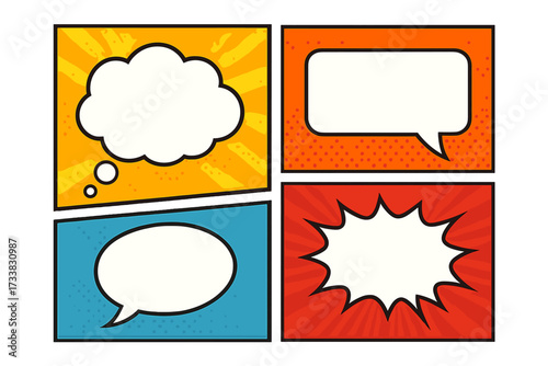 Set of empty comic speech bubbles on pop art background. Vector cartoon dialogue and thought clouds with halftone effect. Retro explosion balloon for text. Message box set.