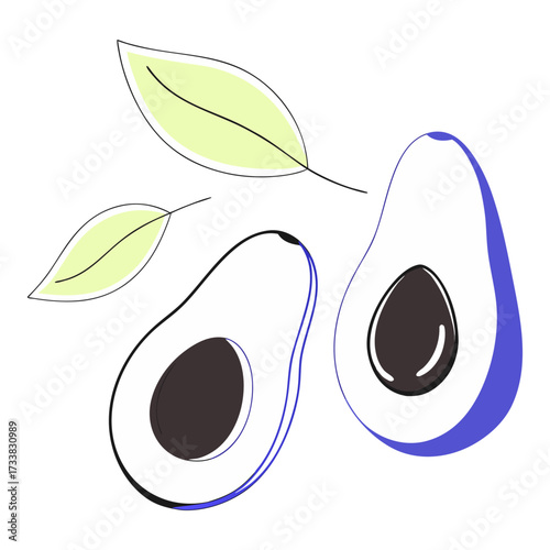 A photorealistic image of a fresh avocado sliced in half, with one half showing the large brown seed and the other half empty. The avocado has a vibrant green outer skin and smooth, creamy yellow-gree