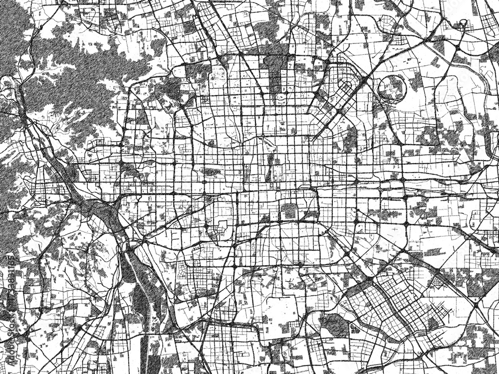 Naklejka premium Artistic urban sketch of Beijing, China, detailed in black and white map form.