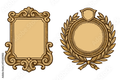 Set of vintage frames. Baroque decorative border and round laurel wreath award emblem. Classic elegant gold certificate or diploma element. Engraved vector illustration.