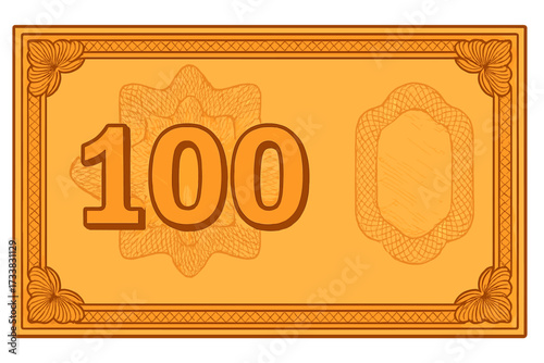 Voucher template banknote design with 100 value. Guilloche pattern background for coupon, currency, or gift certificate. Money concept with watermark and ornate border.