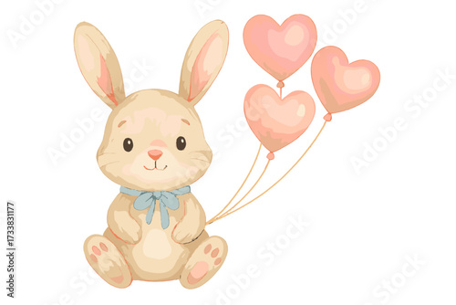Cute watercolor rabbit with heart balloons. Lovely bunny character for Valentine's day card. Adorable baby boy animal with blue bow for birthday or baby shower invitations.