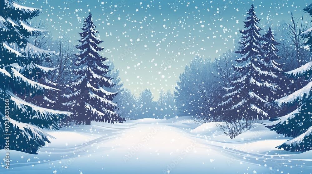 Fototapeta premium A serene winter landscape featuring snow-covered trees and a gentle snowfall under a clear blue sky.