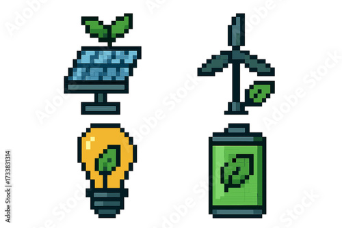 Green energy pixel art icon set. Solar panel, wind turbine, eco bulb, battery. 8-bit retro game style vector illustration for renewable power and sustainability concepts.