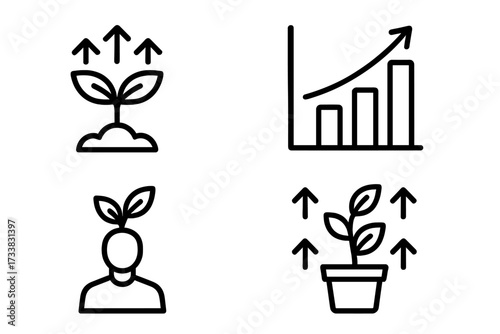 Growth icon set for business and personal development. Vector line icons for investment, success, progress chart, startup, potential, and self-improvement concepts. Infographic.