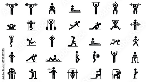 Diverse black and white fitness poses icons representing various exercises and sports activities isolated on white background