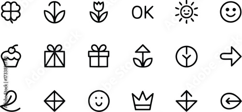 Minimalist black line art icons featuring flowers gifts faces sun and arrows symbols isolated on white background