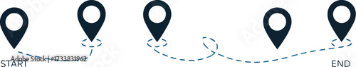 Minimalist location pin icons connected by dashed lines for route planning and navigation isolated on white background