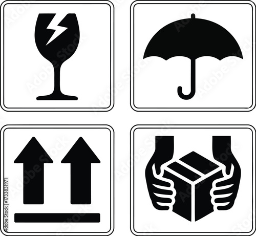 Set of four essential shipping and handling symbols for packaging and logistics isolated on white background