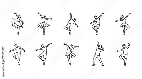 Set of ten dynamic ballet dancer poses expressing graceful movement and artistic expression vector