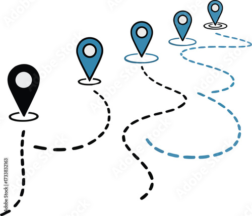 Set of minimalist location pin icons showing travel routes and navigation paths isolated on white background