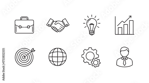 Doodle icons set representing business concepts like partnership and growth vector