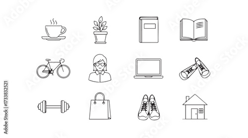 Hand drawn icons representing lifestyle hobbies and activities with a sketchy feel vector