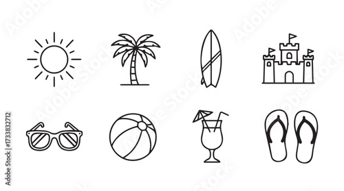 Beach vacation summer icon set sun palm tree surfboard sandcastle drink and flip flops vector