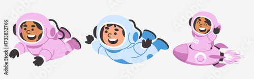 Exuberant Exploration Cheerful Astronauts Venturing Through Space on Rockets and Floating Freely