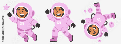 Happy Pink Astronauts Exploring Space In Different Positions With Planet Background