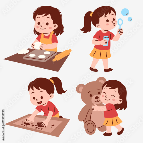 Depicts A Happy Girl Engaged In Several Activities Such As Baking Blowing Bubbles And Playing