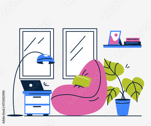 Cozy Interior Scene With Comfortable Beanbag Chair And Minimalist Window Frame Design