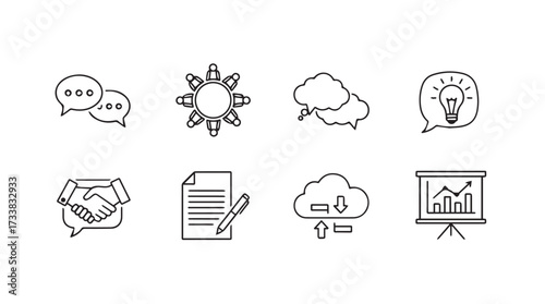 Modern business icon set featuring collaboration idea generation and digital solutions vector
