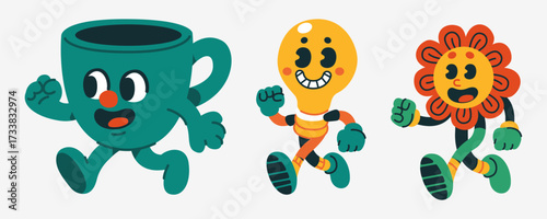 Cartoon Character Parade Happy Cup Bulb And Flower Mascot Characters In Motion