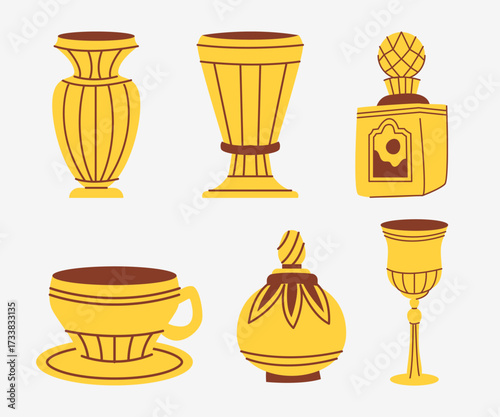 Elegant Collection Of Golden Vessels Creating A Visually Rich And Pleasing Aesthetic