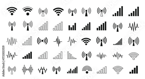 Vector Icons of Wireless Signals and Data Bars, Technology Concept, Digital Illustration, Stylish Graphic Design