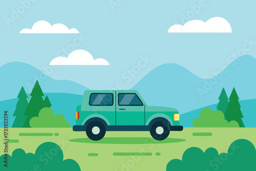 Teal Car on a Green Field with Trees and Mountains Under a Cloudy Sky