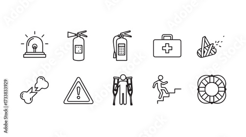 Set of hand-drawn safety and emergency icons for fire fighting and first aid preparedness vector