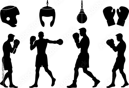 Boxing Equipment and Fighter Silhouettes Set